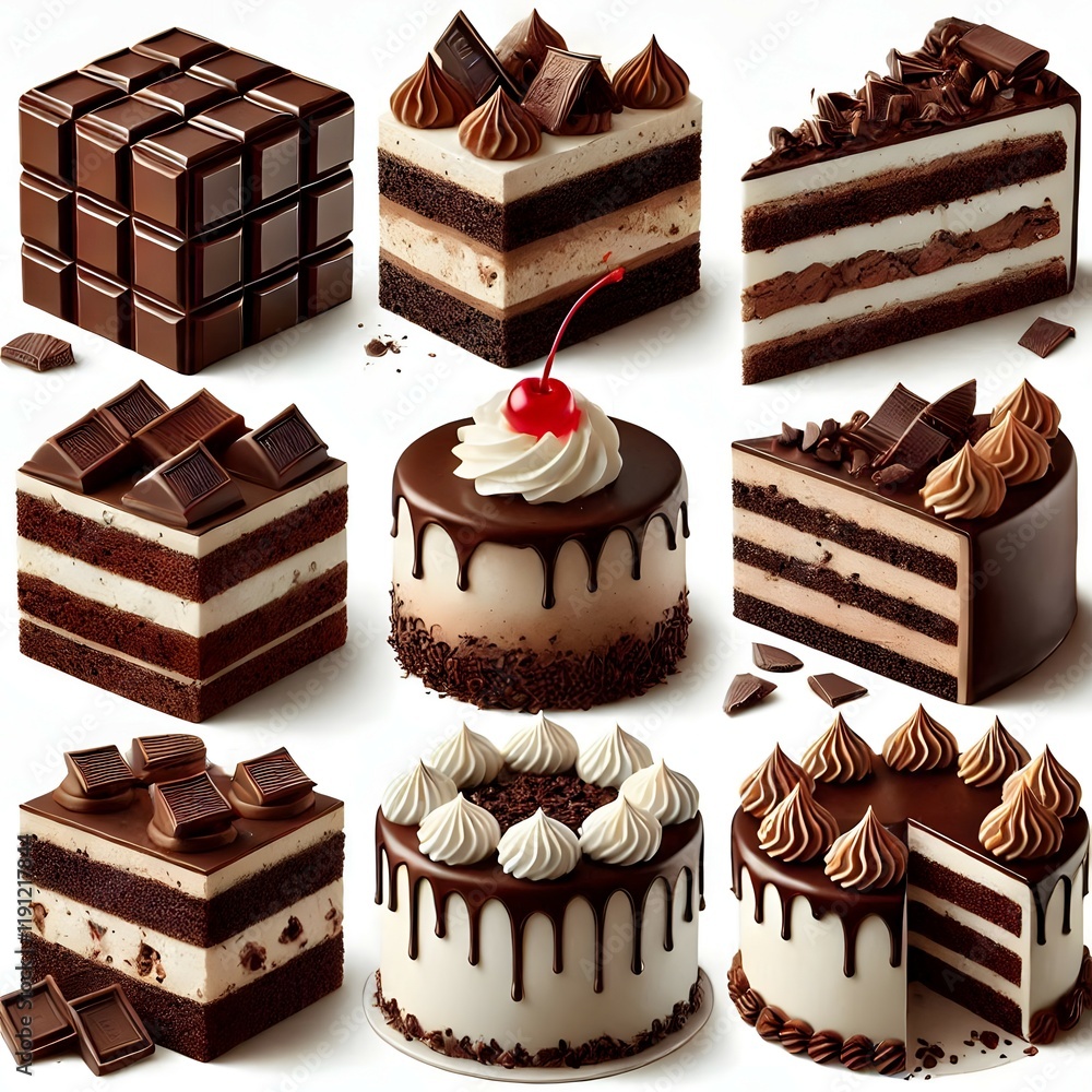 Poster a delectable array of chocolate cakes showcasing various designs and decadent toppings in a grid for