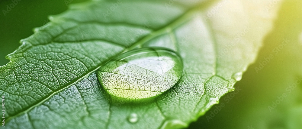 Poster macro shot of water droplet resting on edge of vibrant green leaf, capturing intricate leaf veins an
