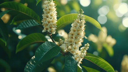 Fototapeta premium A close-up view of Ashok tree flowers blooming vibrantly against green leaves