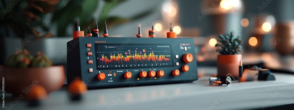 Poster close up view of a professional spectrum analyzer device displaying the detailed frequency distribut