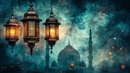 Obraz premium Beautiful Lanterns and Mosque During Ramadan Celebration Night