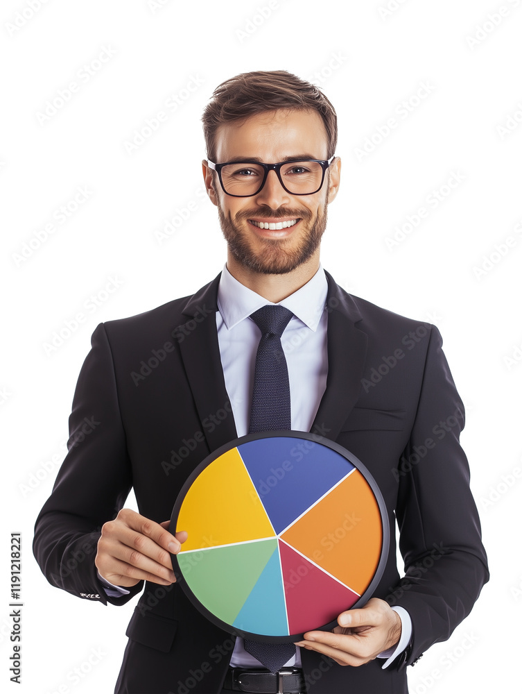 Aufkleber confident man in formal business attire holding colorful pie chart, symbolizing data analysis and ma
