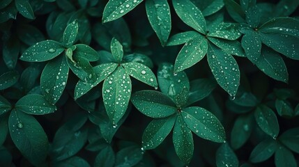 Fototapeta premium A close-up of raindrops on vibrant green leaves, showcasing naturea??s beauty