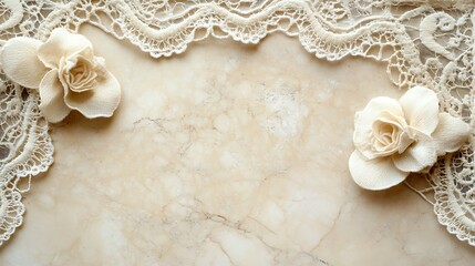 Elegant Beige Marble Background With Lace And Flowers