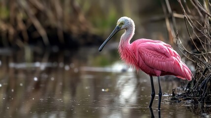 Pink Bird in Wetland Habitat