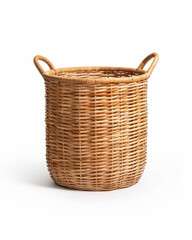Obraz premium Woven Rattan Storage Basket: A cylindrical woven rattan basket with two sturdy handles, perfect for storage or as a decorative element in any room.