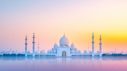 Naklejka premium Vibrant Mosque Dome Glowing Under Colorful Sunrise Sky
