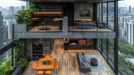 Modern urban living space with greenery and city views.