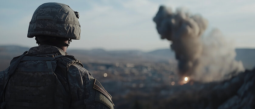 soldier in tactical gear watches city in distance as smoke and fire rise from explosion, evoking sense of tension and urgency
