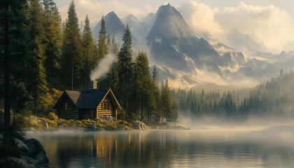 Fototapeta premium Idyllische Berghütte am See mit rauchendem Kamin in majestätischer Natur