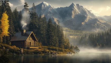 Fototapeta premium Idyllische Berghütte am See mit rauchendem Kamin in majestätischer Natur