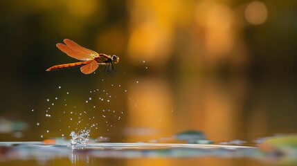 Dragonfly in Flight Over Water Surface