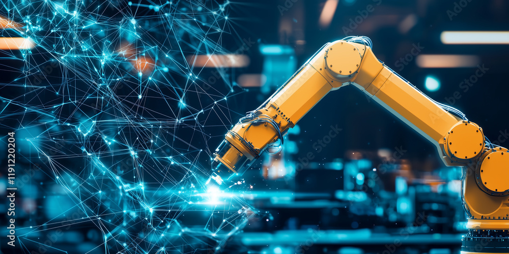 Aufkleber yellow robotic arm operates in industrial environment, interacting with glowing digital network, symbolizing advanced automation and artificial intelligence integration