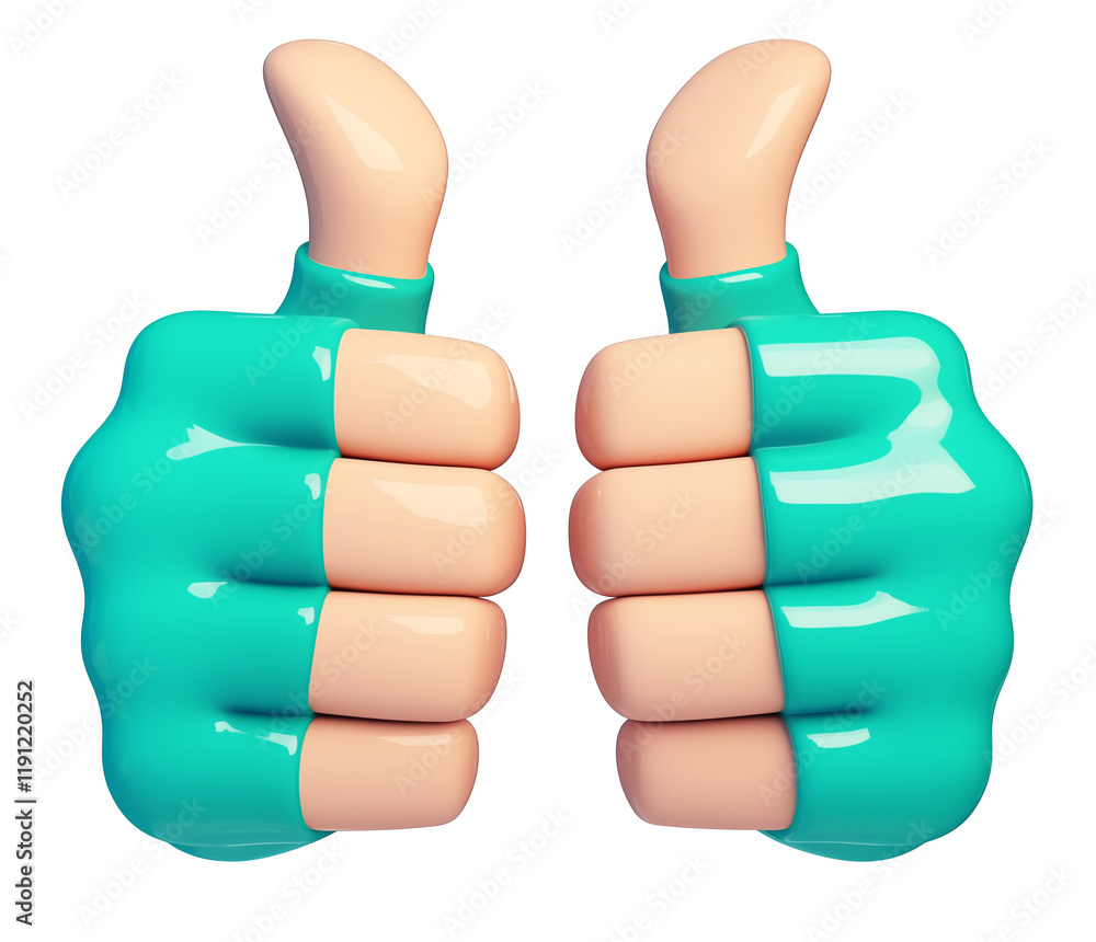 Poster 3D illustration of two teal thumbs up icons with smooth gradient and glossy finish, isolated on transparency background, symbolizing approval and positivity