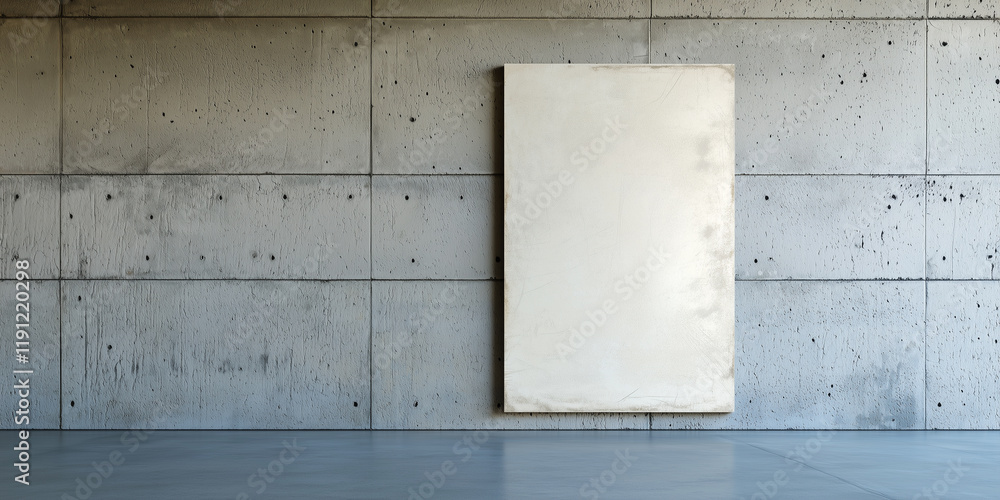 Poster blank vertical poster is mounted on textured concrete wall in minimalist interior, creating modern a