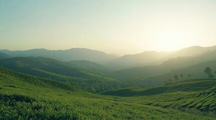 Obraz premium A breathtaking view of Sri Lanka's lush tea plantations rolling over hills under a clear sky