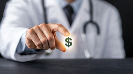 A doctor holding a dollar sign symbolizing financial success in healthcare.