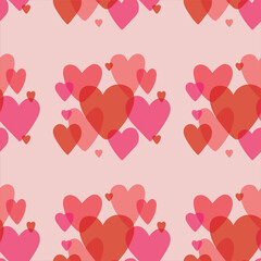 valentine hearts seamless background, hand drawn hearts in pink and red on pale pink background, vector illustration, template for wrapping paper, textile,prints, wedding decoration,banner