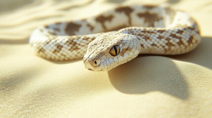 Fototapeta premium Desert Snake Coiled In The Sand Basking In Sunlight