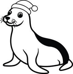 A seal wearing a Santa hat vector illustration, A seal wearing a Santa hat silhouette vector, A seal wearing a Santa hat line art vector design