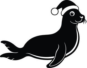 A seal wearing a Santa hat vector illustration, A seal wearing a Santa hat silhouette vector, A seal wearing a Santa hat line art vector design