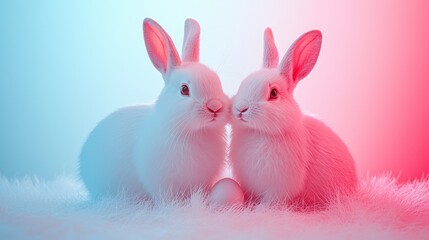 Contemporary easter celebration with two bunnies and pastel colors for card or poster design