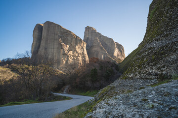Early morning view during sunrise of the rock formation complex The Rocks of Agia in Kalambaka, Meteora, Thessaly, Greece, Europe.