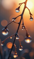 Obraz premium Dew drops on a branch reflecting sunset light and warm blurry background