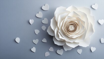 Blue valentine's day minimal papercut white rose on gray background with heart accents