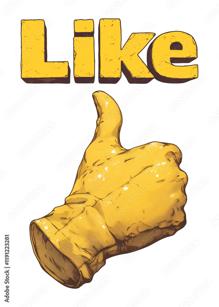 Poster yellow like icon with glittery texture featuring thumbs up hand gesture, isolated on transparency ba