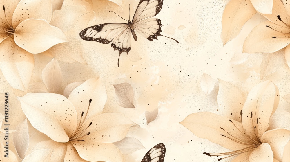 Poster elegant seamless pattern of lilies and butterflies in soft tones
