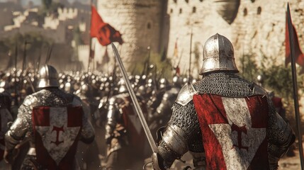 Dramatic Medieval Battle Scene with Knights and Castle Background