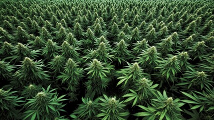 Lush Green Cannabis Plants Cultivated In Rows