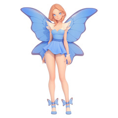 3D cute cartoon character of female butterfly human hybrid with blue wings, wearing matching blue dress and butterfly themed shoes, standing isolated on transparency background