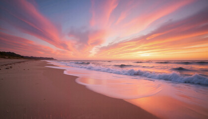 Vibrant sunset over tranquil beach, serene coastal beauty