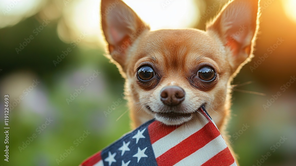 Poster Adorable chihuahua puppy gently holding a small American flag in its mouth, outdoors in soft sunlight.