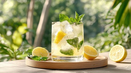 Fototapeta premium Refreshing Lemon Mint Drink with Ice and Fresh Ingredients in Natural Setting