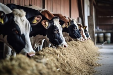 Holstein cows feeding on hay in a barn, showcasing a clean and organized farming environment focused on dairy production