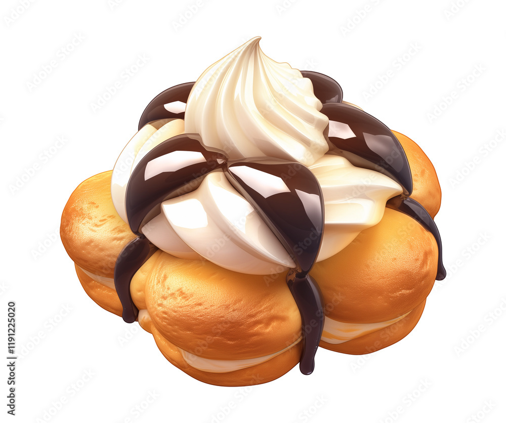 Poster delightful 3d illustration of cute profiteroles topped with whipped cream and drizzled with chocolat