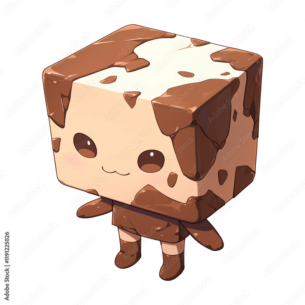 Poster cute 3d cartoon character resembling rocky road fudge cube with smiling face, chocolate patches, and