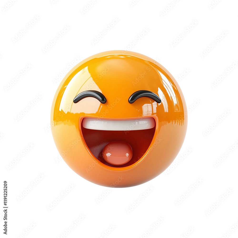 Poster 3D enthusiastic emoji in bright orange with wide open mouth and joyful expression, isolated on transparency background