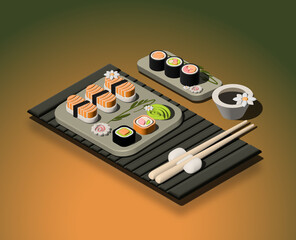 Sushi and rolls, Japanese food, salmon. 3D illustration