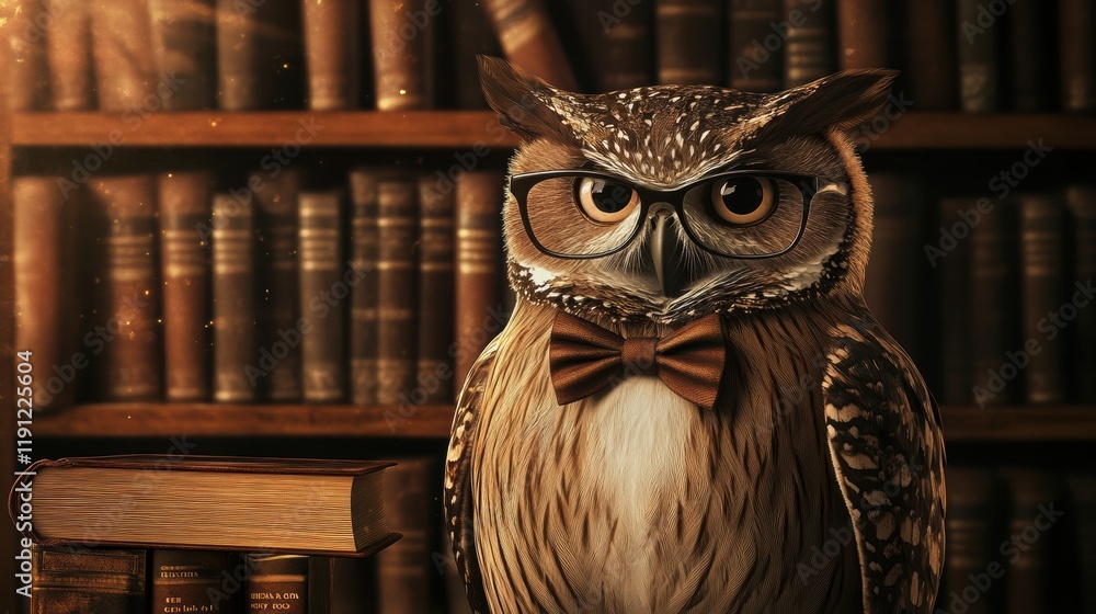 Aufkleber owl portrait with glasses and bow tie in front of a grand bookshelf filled with classic literature a