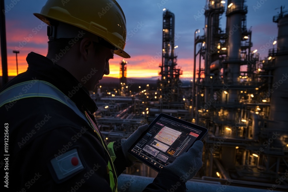 Poster worker in hard hat using tablet for monitoring tasks