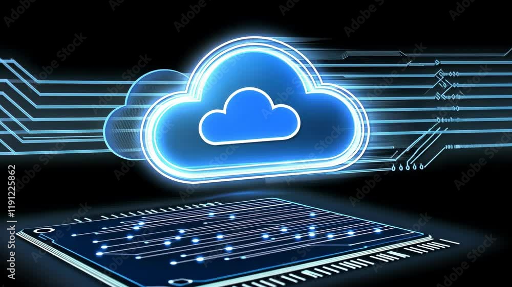 Poster digital cloud storage concept with circuit board integration illustrating modern technology and data