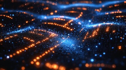 Fototapeta premium Abstract blue and orange glowing particle waves.