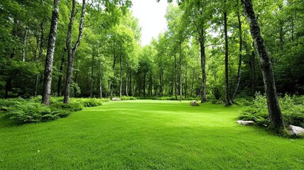 Obraz premium Lush Green Forest Clearing Surrounded by Tall Trees and Vibrant Nature in Daylight