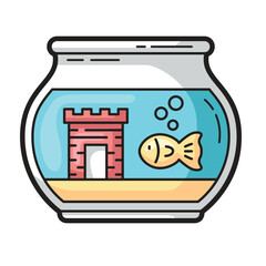Goldfish swims near small brick castle in fishbowl. Suitable for pet store, aquarium, fish care, children's books, magical themes