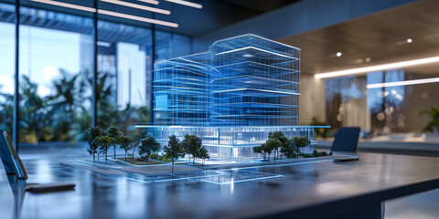 futuristic architectural model of modern building is displayed on table, illuminated with blue holographic light in sleek office environment