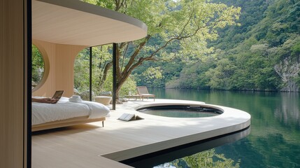 Fototapeta premium Serene Lakeside Retreat with Modern Architecture and Natural Surroundings